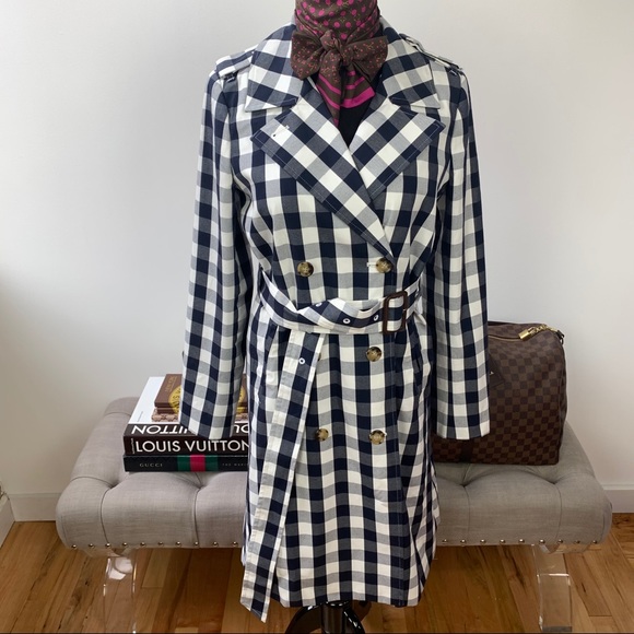 J. Crew Icon Trench Coat Jacket Gingham Check Blue & White Size 2 NWT - Picture 3 of 11